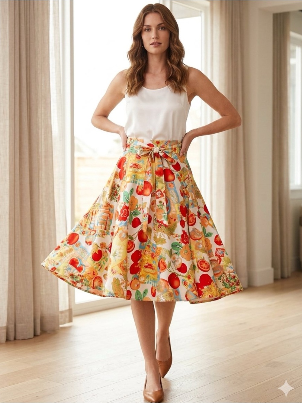 Belle Poque Fruit/Floral A-Line Skirt Cottagecore Novelty Midi with Tie-Belt XL